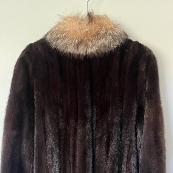 Mahogany Mink Fur Coat Size 10 Dyed Fox Tuxedo Long York Furrier Great Condition - Picture 14 of 16